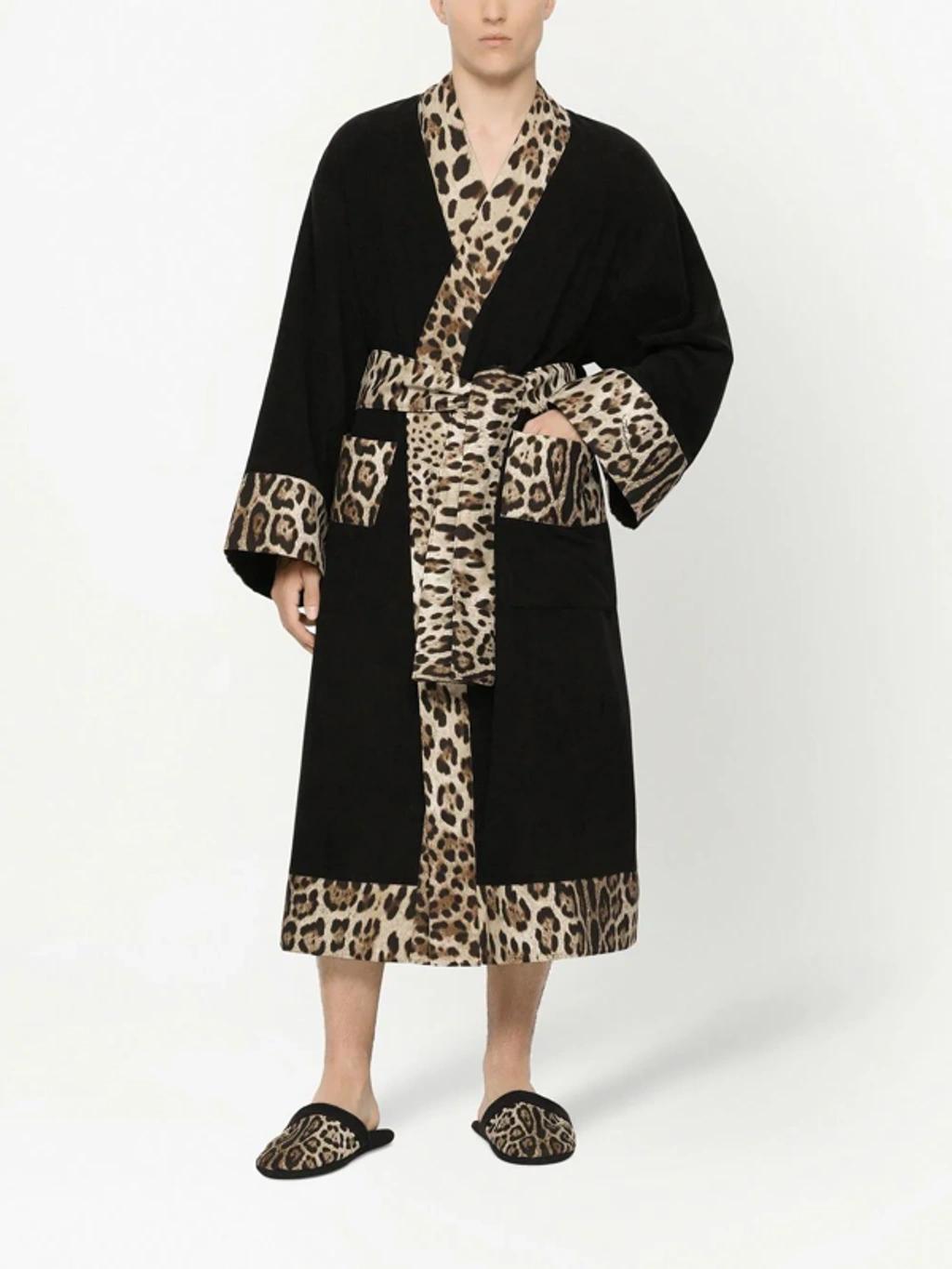 DOLCE & GABBANA Leopard Print-trim Bathrobe In Black Product Image