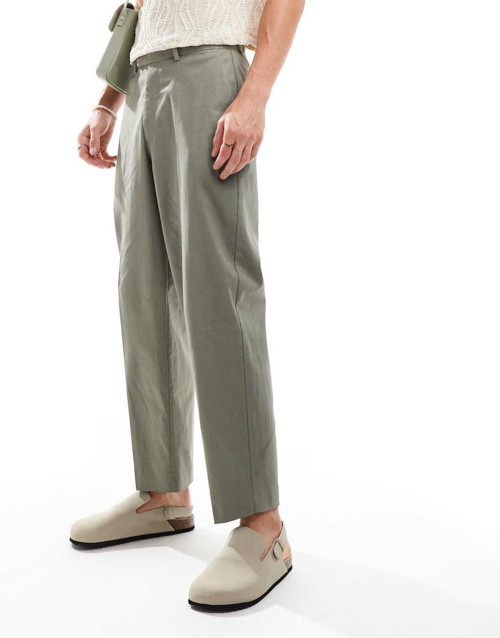 ASOS DESIGN oversized tapered linen blend dress pants in dusty green Product Image