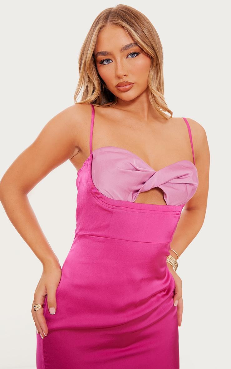 Dark Pink Satin Contrast Front Twist Cup Midaxi Dress Product Image