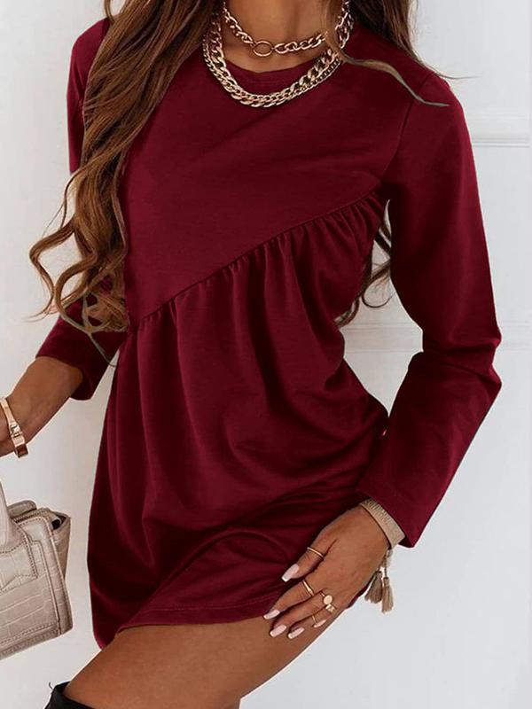 Casual Loose Long Sleeves Solid Color Round-Neck Mini Dresses Product Image