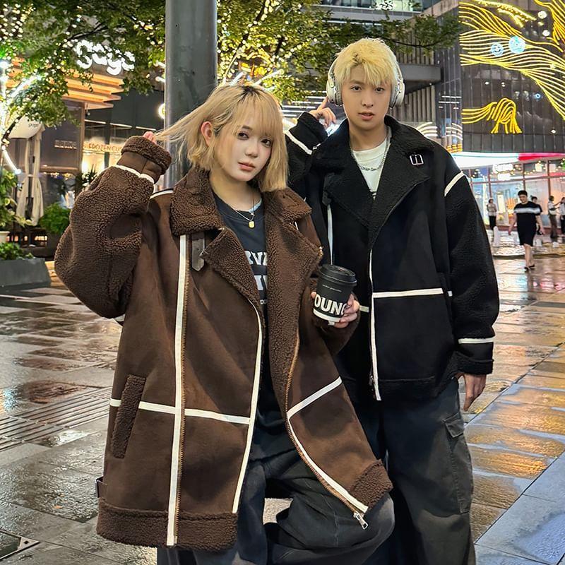 Couple Matching Collared Panel Faux Shearling Zip Jacket Product Image