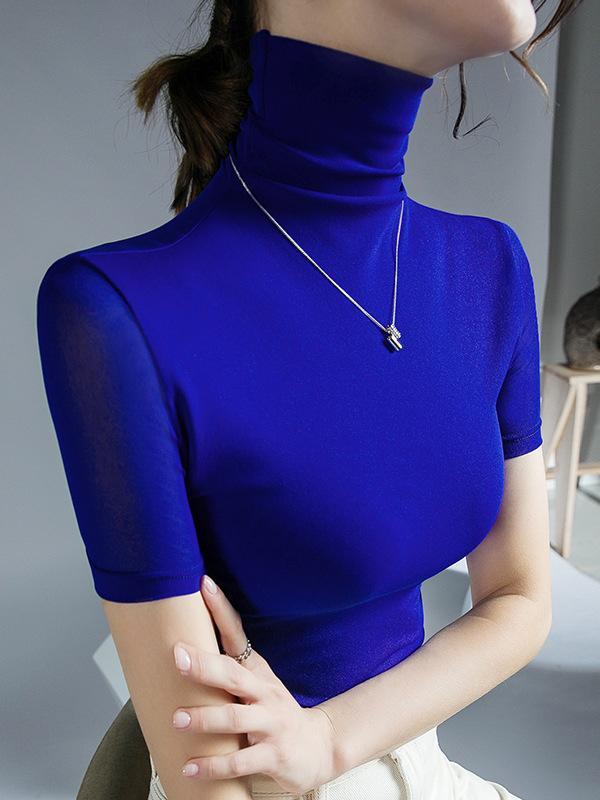 Half Sleeves Skinny Solid Color High Neck T-Shirts Tops Product Image