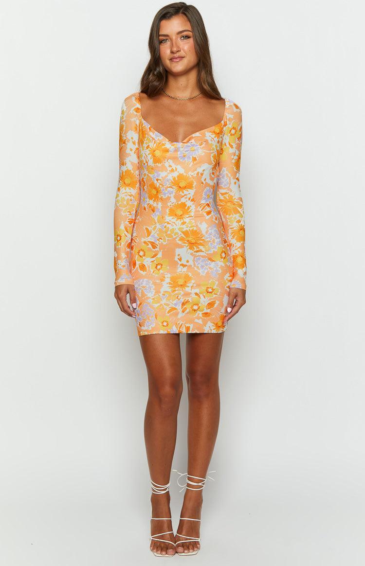 Ashi Orange Floral Long Sleeve Mini Dress Product Image