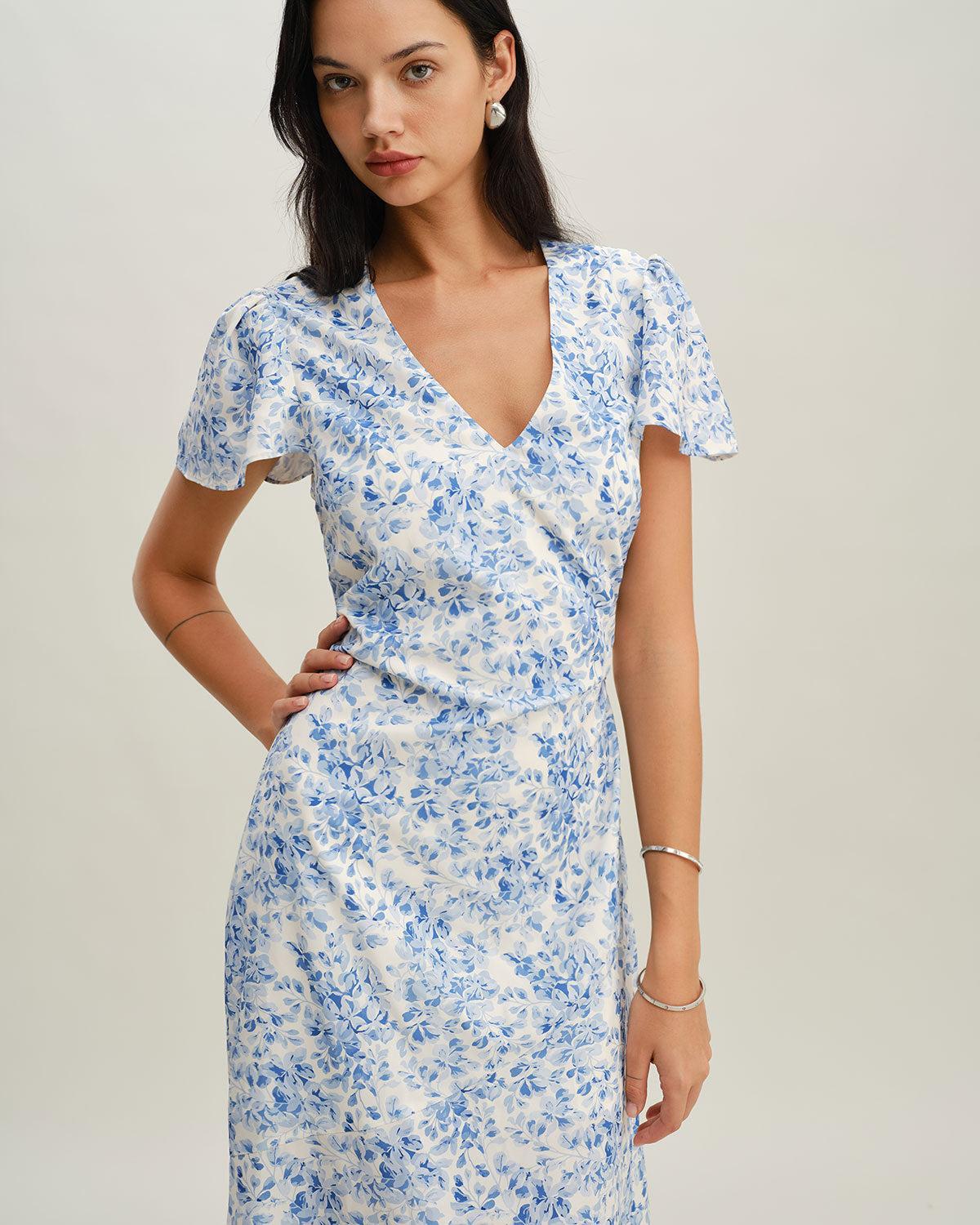 Blue Floral V Neck Button Maxi Dress Product Image