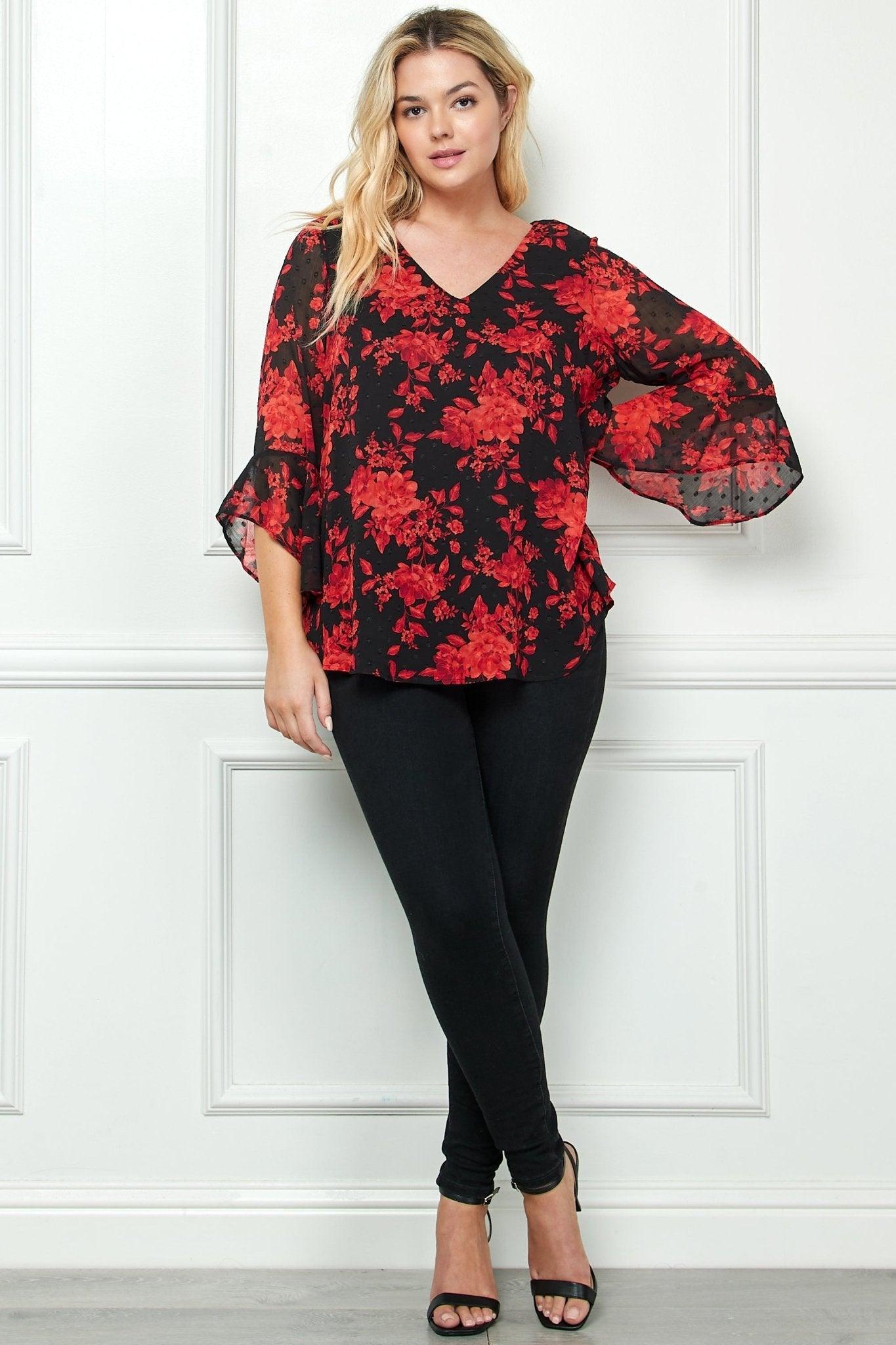 3/4 Ruffle Sleeve V-Neck Swing Blouse- Plus Product Image