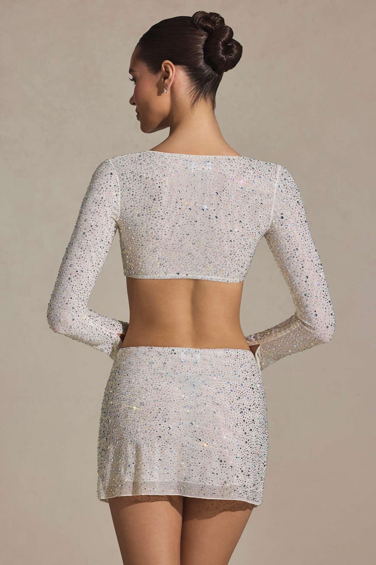 Embellished Long-Sleeve Crop Top in White Product Image