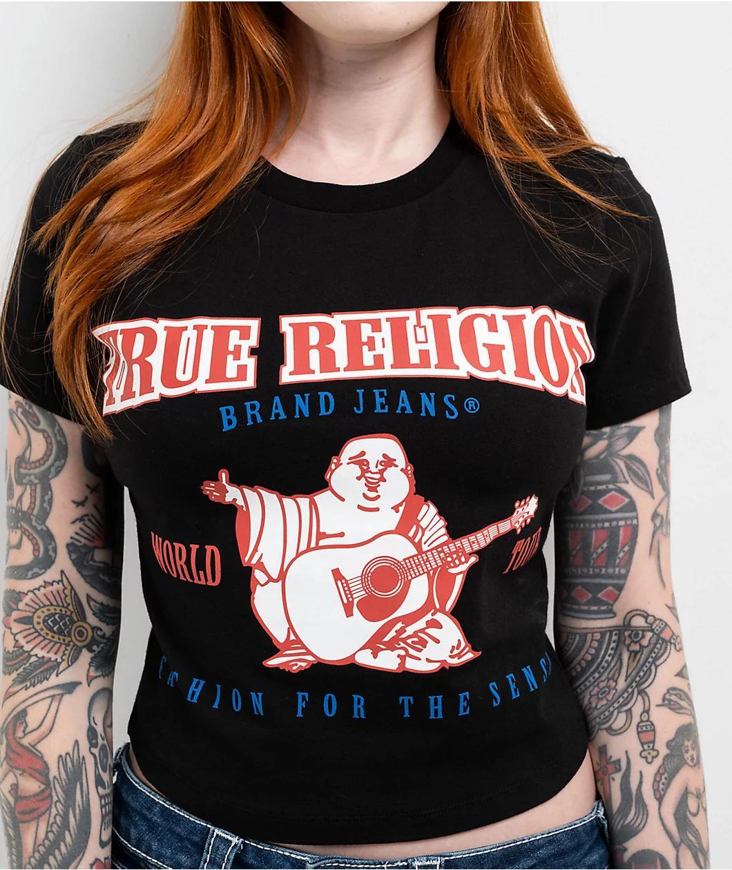 True Religion Anniversary Buddha Logo Black Crop T-Shirt Product Image