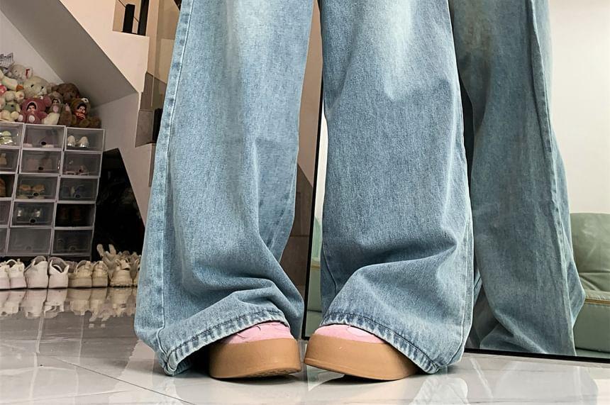 High Waist Washed Lace Trim Wide Leg Jeans Product Image