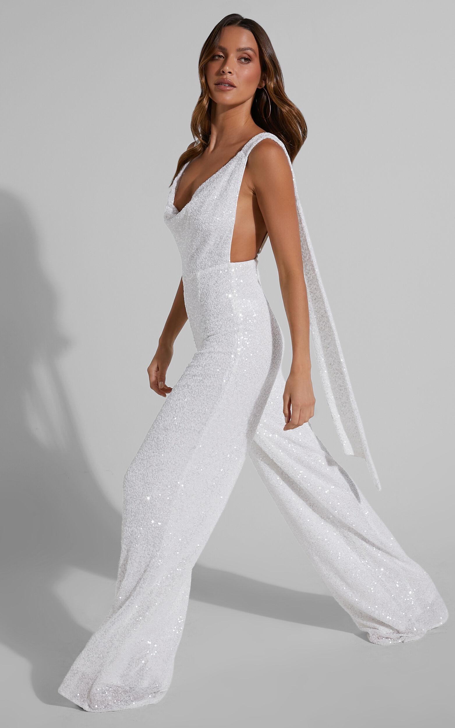 Malisha Jumpsuit - Cowl Neck Backless Jumpsuit in White Sequin Product Image