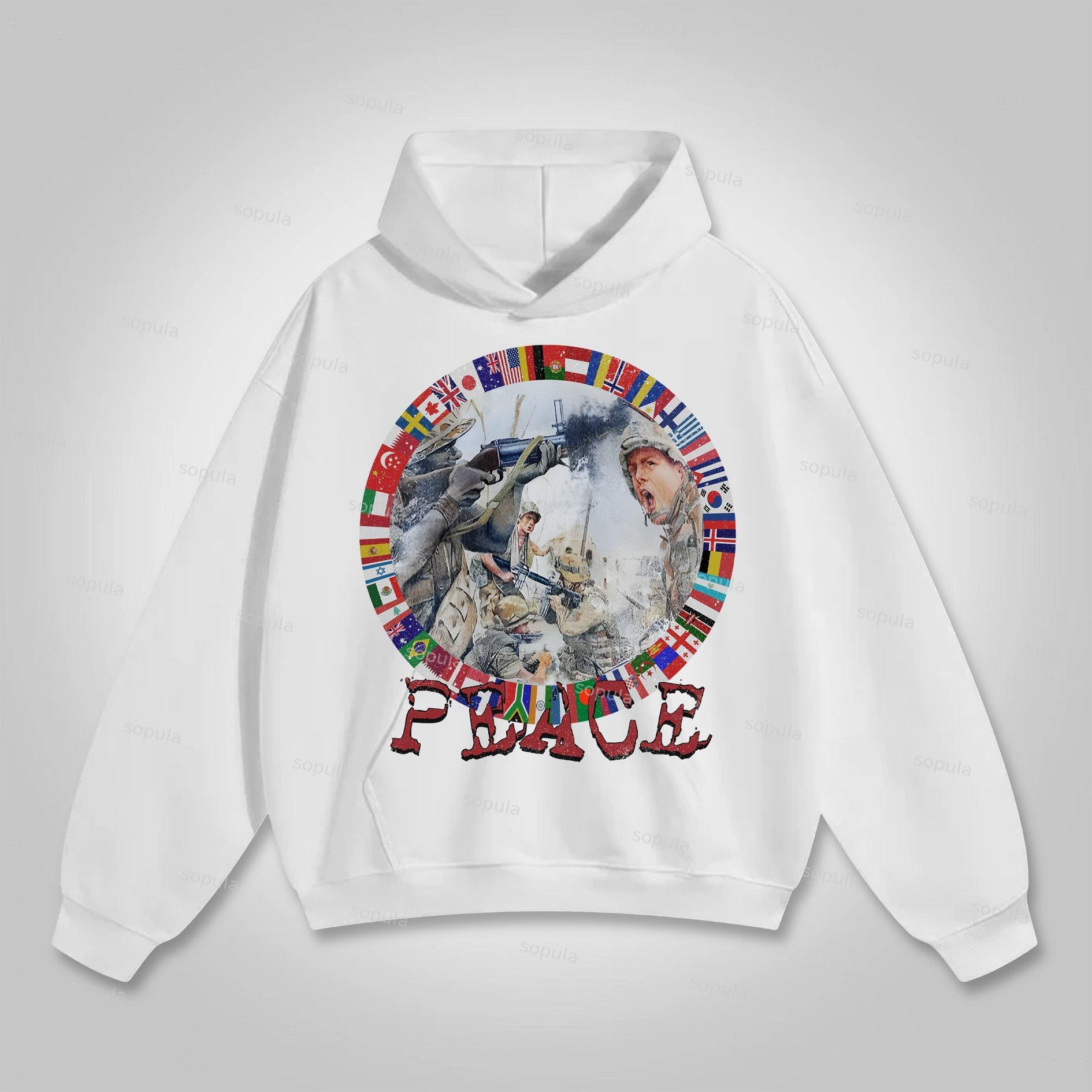 Fashion Peace In War Print Graphic Loose Hoodie Product Image