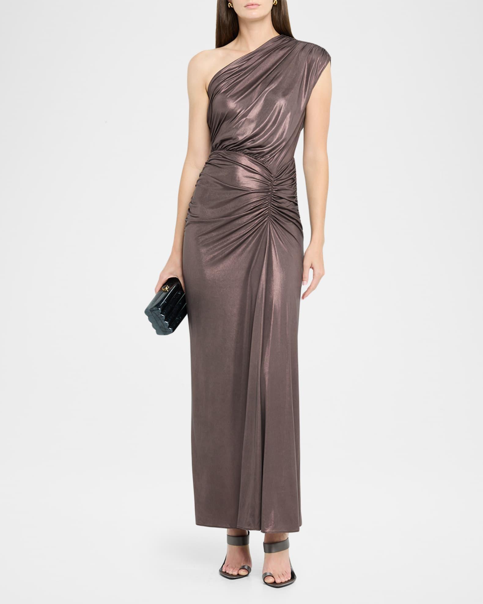 Coated Jersey Ruched One-Shoulder Gown Product Image