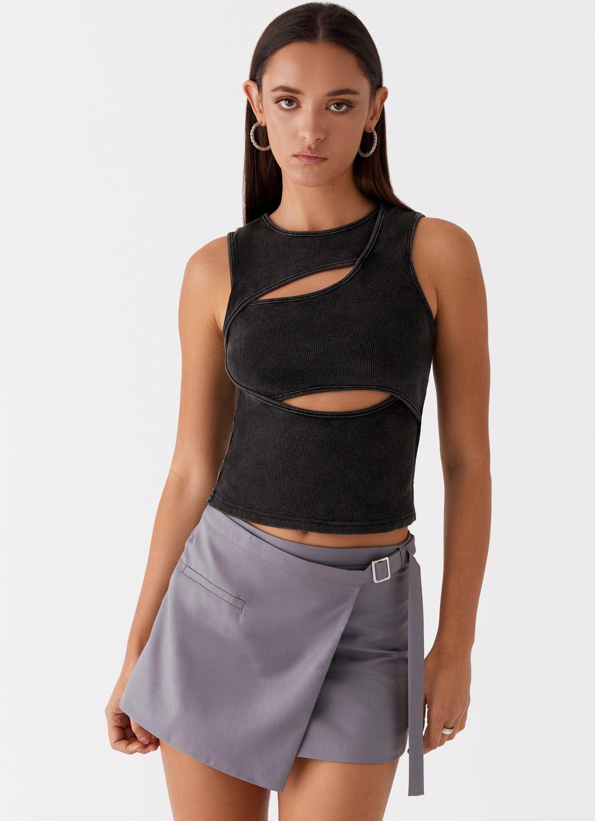 Beyond Cut Out Ribbed Top - Charcoal Product Image