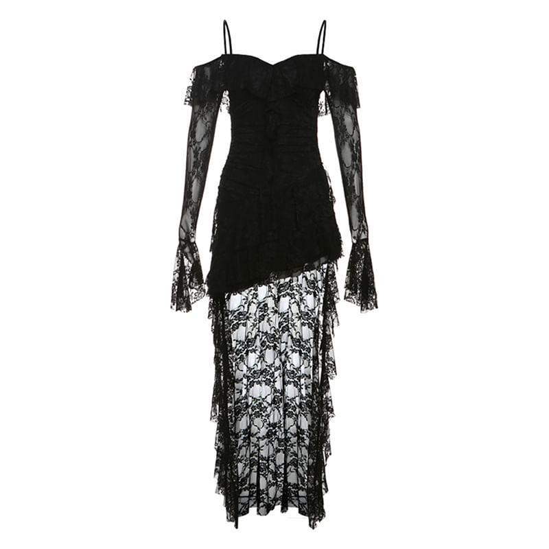 Long-Sleeve Cold-shoulder Floral Asymmetrical Lace Maxi Sheath Dress Product Image