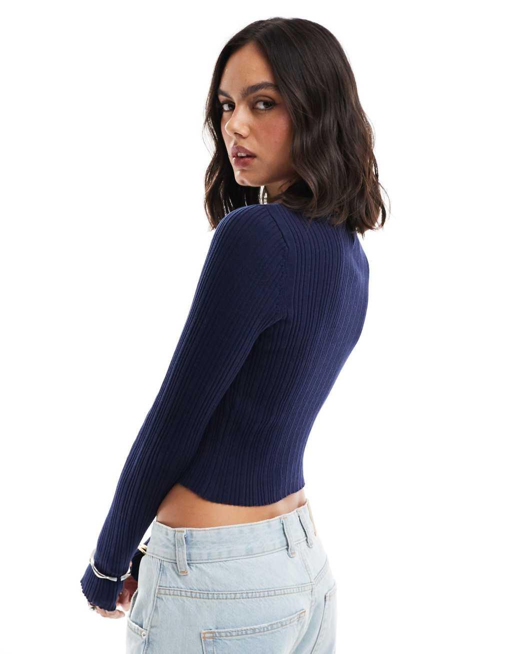 ASOS DESIGN knitted long sleeve top with crew neck in navy Product Image