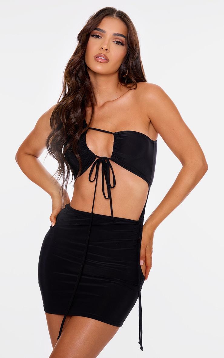  Black Double Layer Slinky One Shoulder Cut Out Mini Dress Product Image