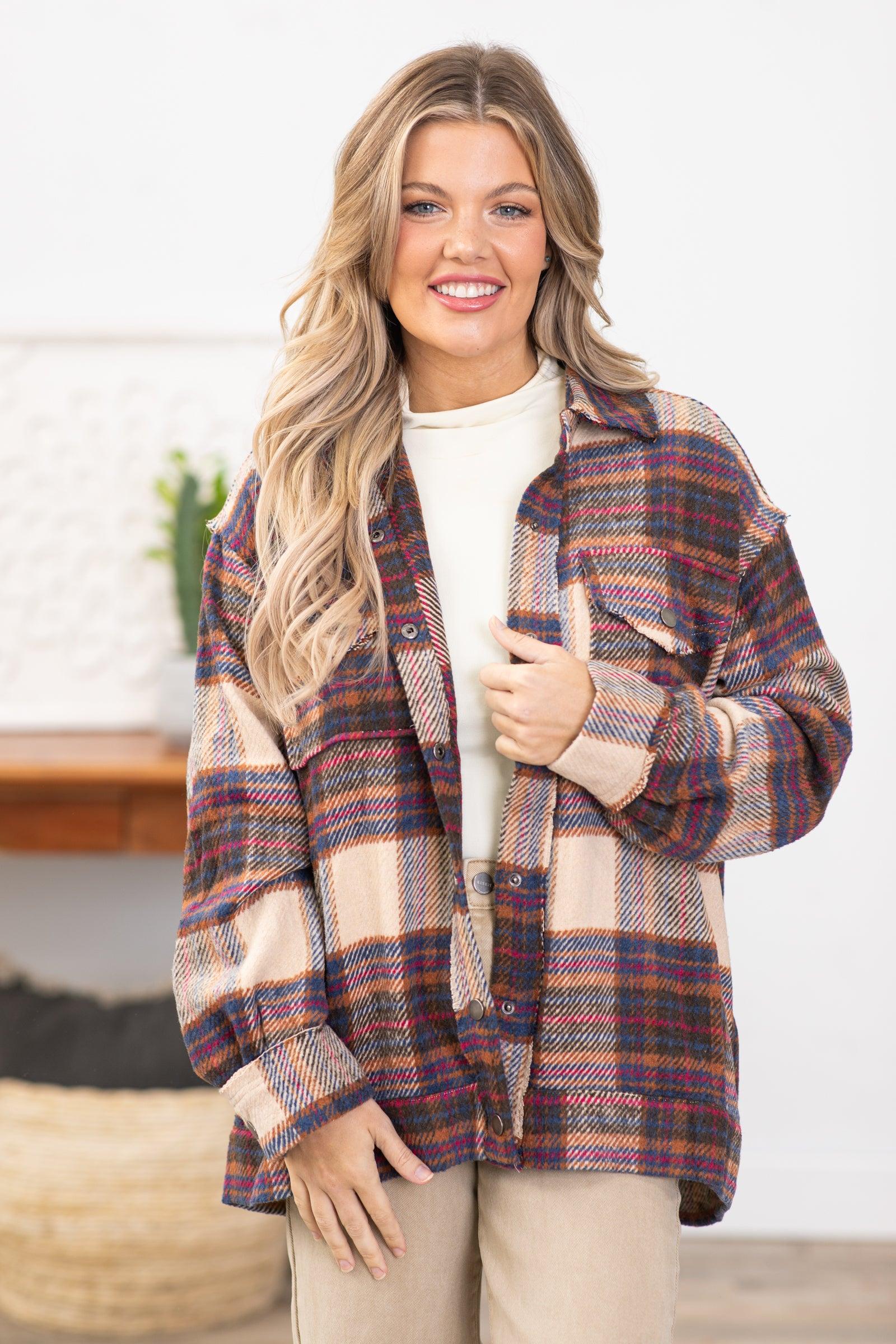 Brown and Tan Multicolor Plaid Shacket Product Image