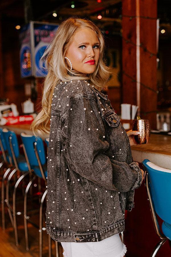 The Juni Embellished Denim Jacket In Black Curves Product Image