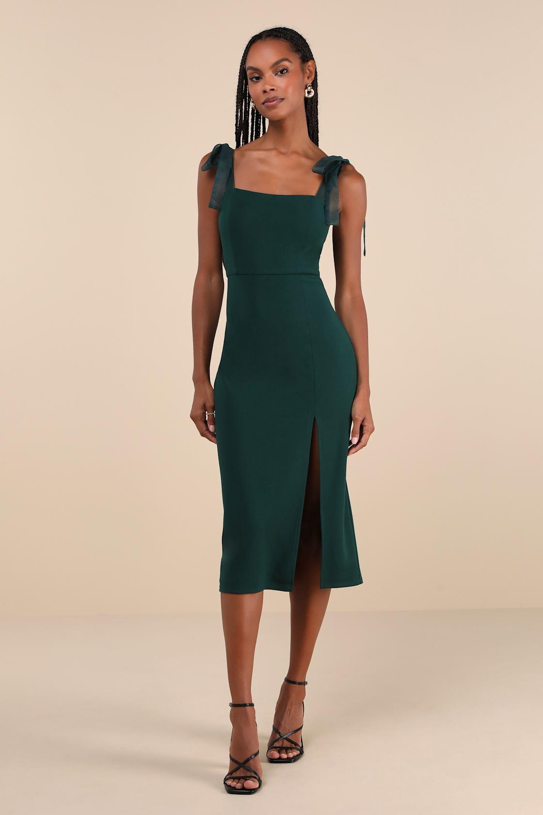 Romantic Celebration Emerald Green Tie-Strap Bodycon Midi Dress Product Image
