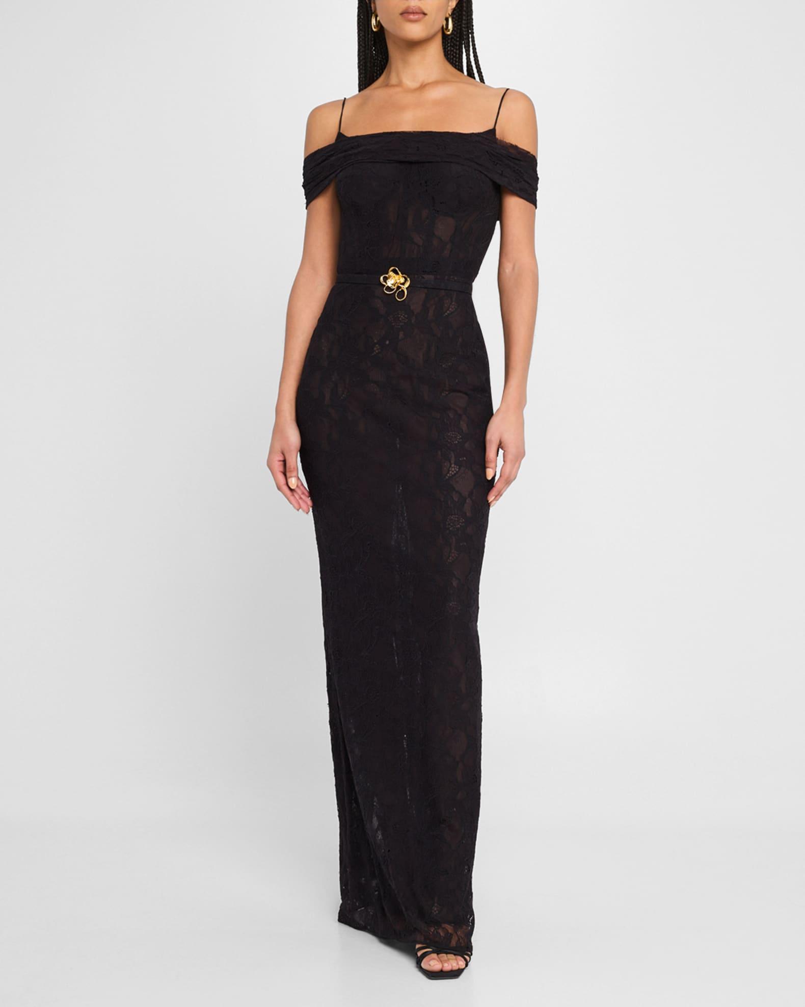 Lace Cold-Shoulder Belted Column Gown Product Image