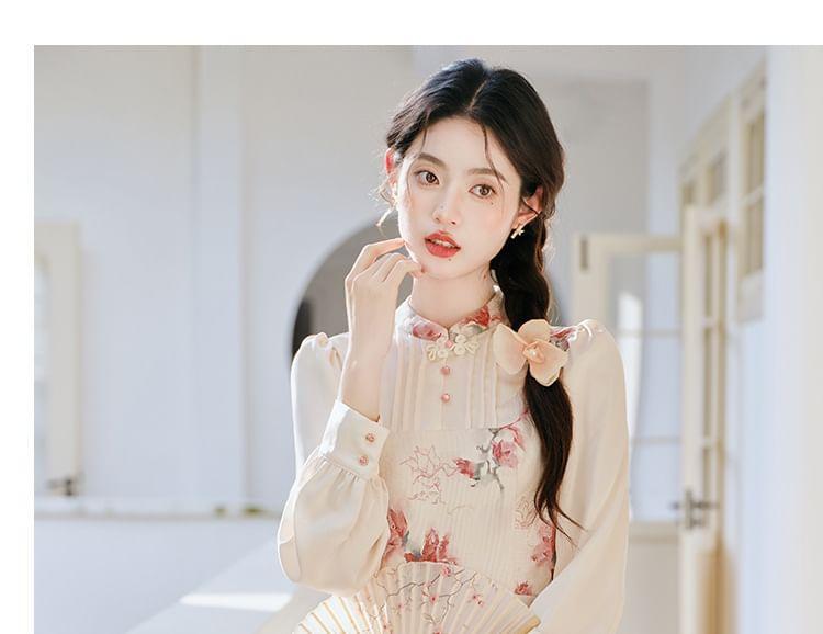 Mock Two-Piece Long-Sleeve Floral Print Midi A-Line Dress Product Image