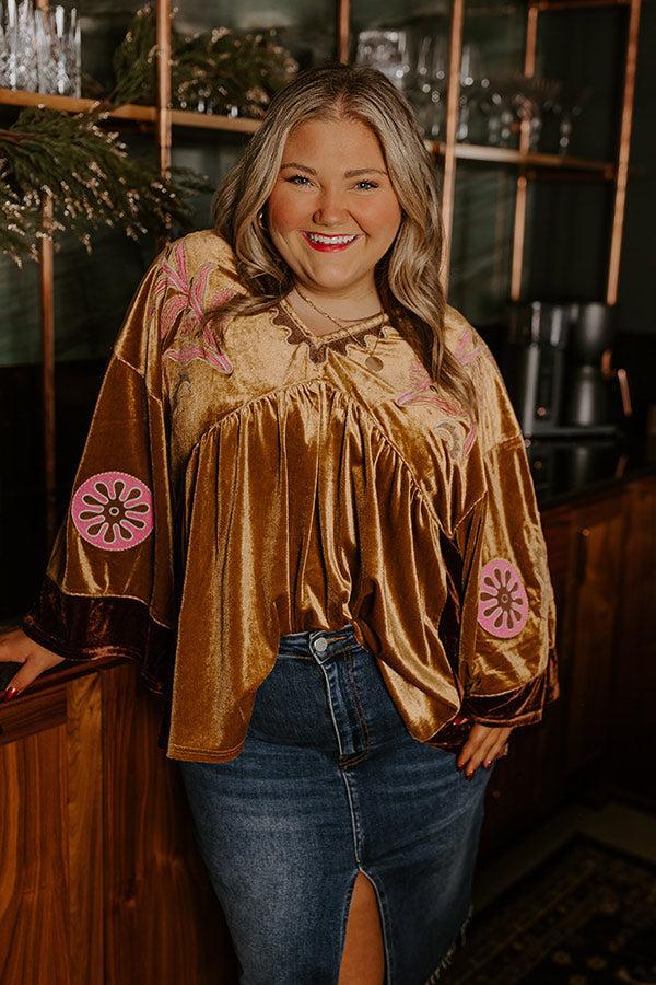 Feeling Boho Embroidered Velvet Top in Mustard Curves Product Image