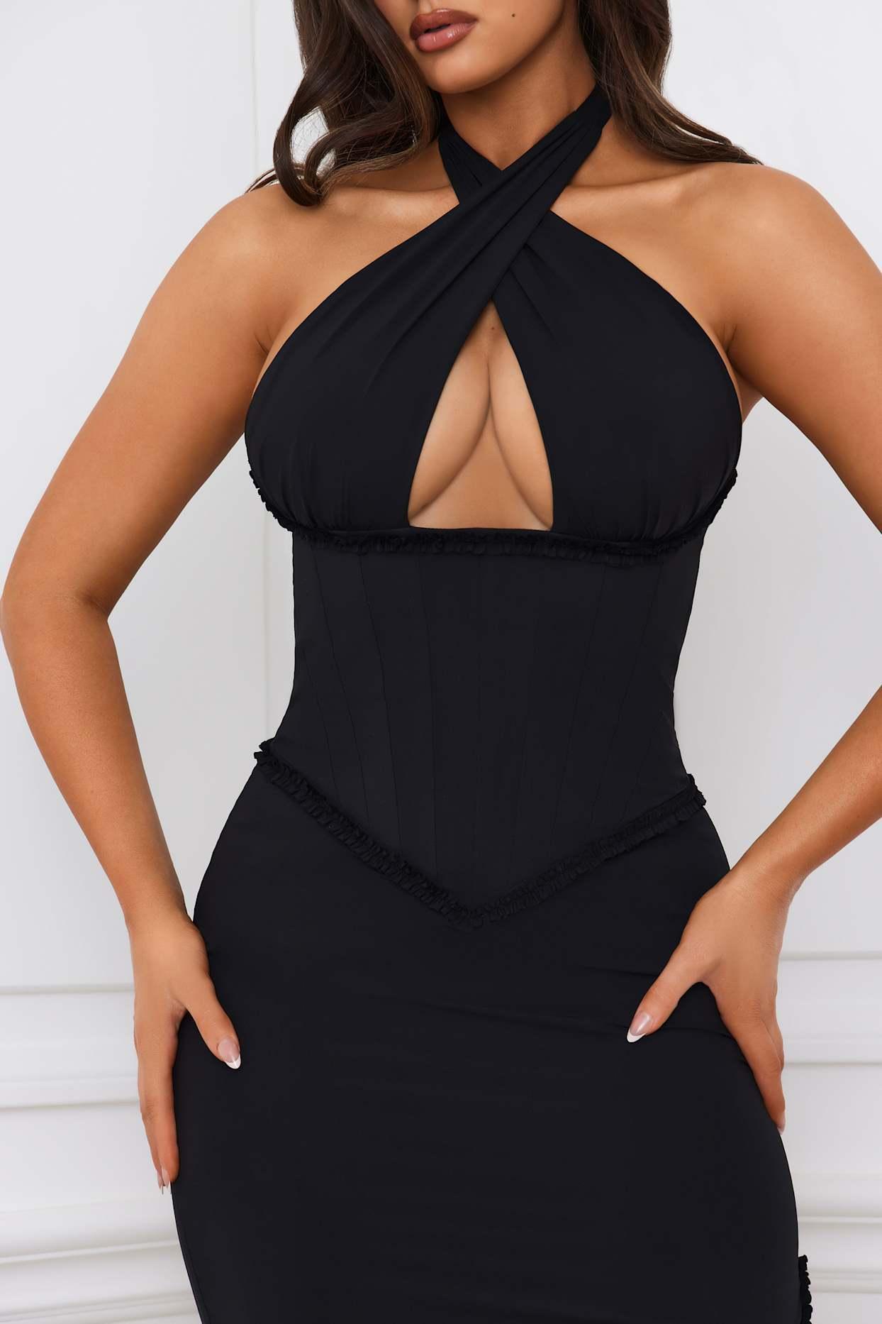 Halterneck Lace-Up Corset Maxi Dress in Black Product Image