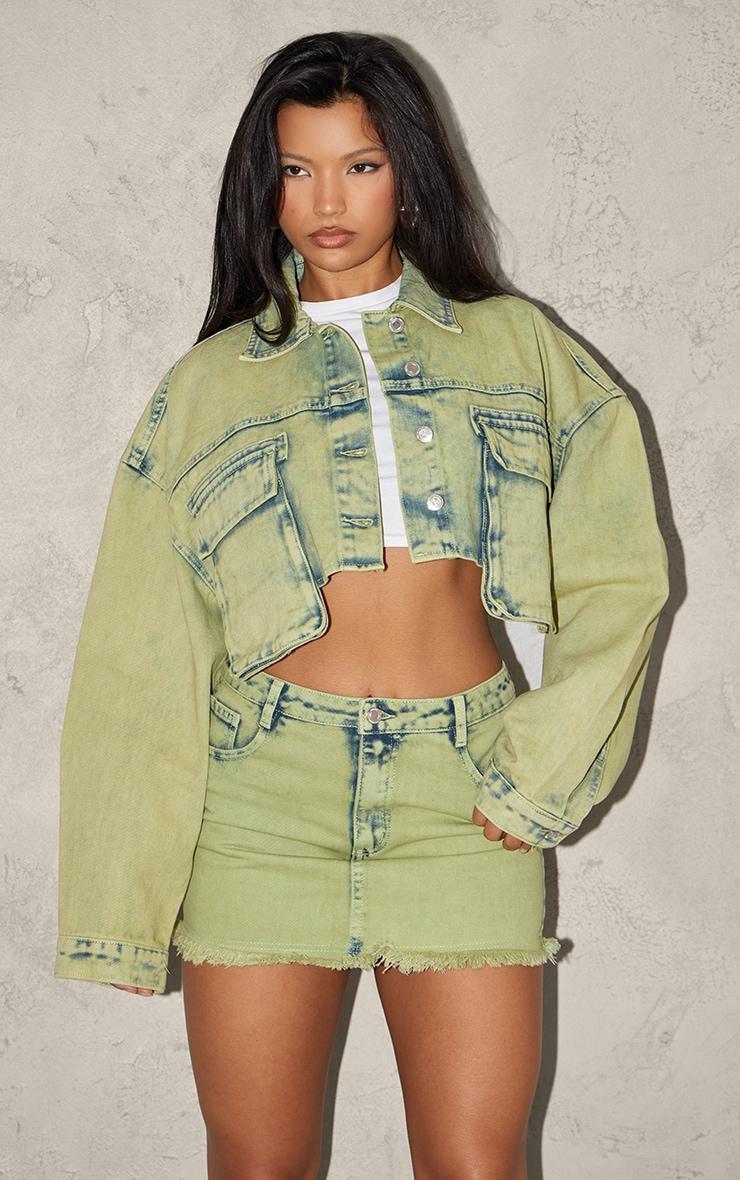 Green Tint Acid Wash Crop Denim Jacket Product Image