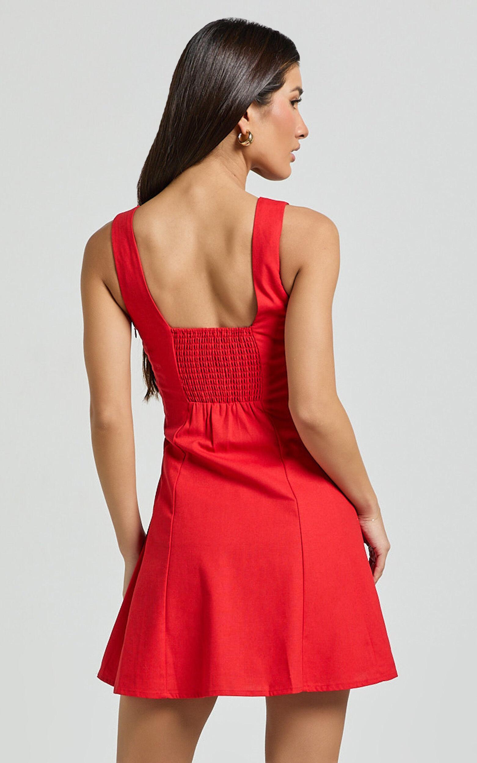 Adiana Mini Dress - Linen Square Neck Shirred Back A Line Dress in Red Product Image