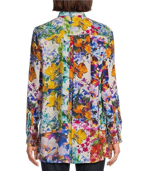 John Mark Mixed Floral Print Woven Wire Collar 3/4 Roll Tab Sleeve Button Front Top Product Image