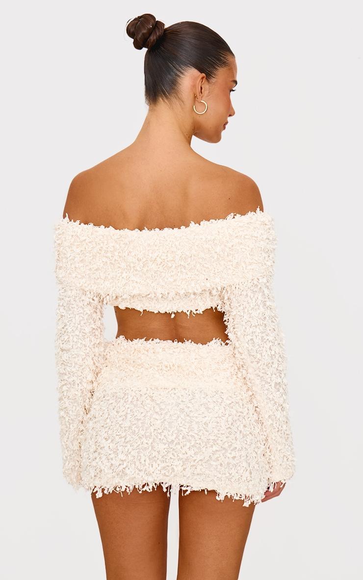 Cream Textured Fold Over Bardot Long Sleeve Crop Top Product Image