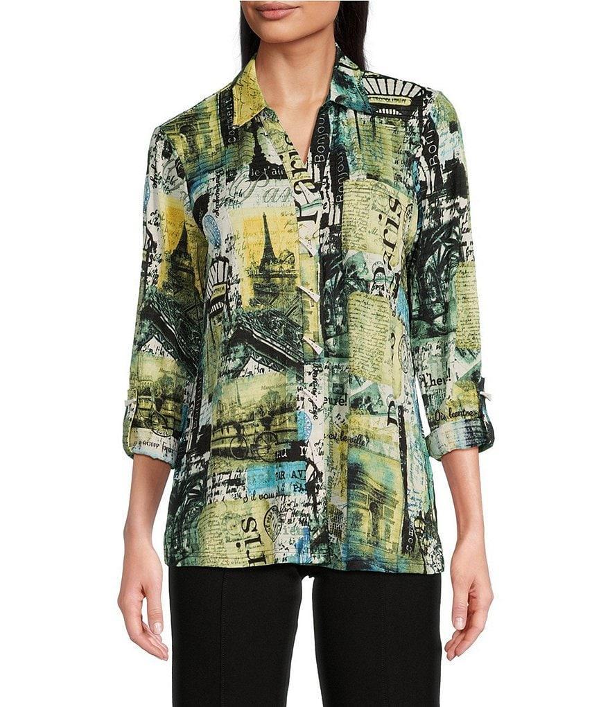 Ali Miles Abstract Printed Knit Jacquard Point Collar Neckline 3/4 Sleeve Tunic Product Image