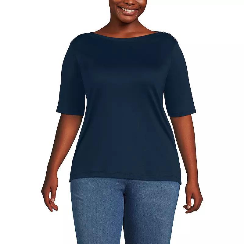 Plus Size Lands' End Elbow Sleeve Boatneck Button Shoulder Tee, Women's, Size: 1XL, Radiant Blue Product Image