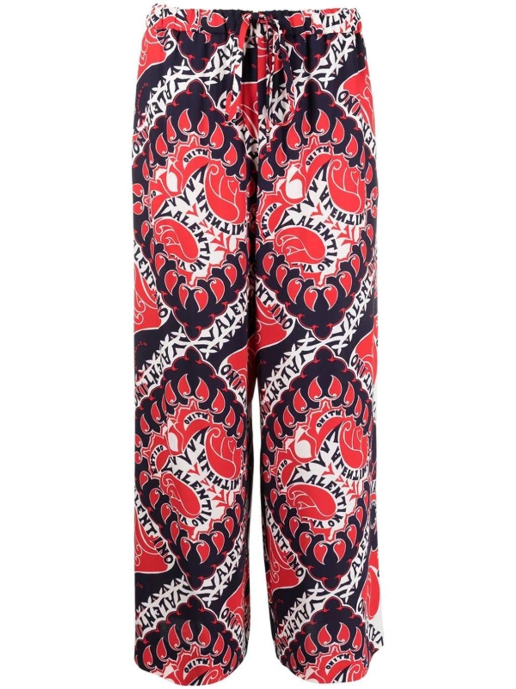 VALENTINO Red And Navy Manifesto Bandana Print Silk Trousers Product Image