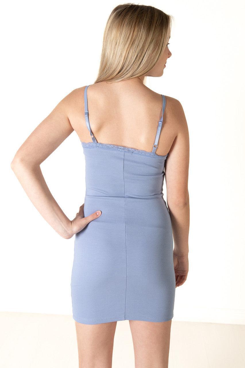 Chambray Lace Trim Ribbed Mini Dress Product Image