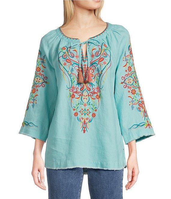 John Mark Petite Size Floral Embroidered Split V-Neck 3/4 Sleeve Frayed Tassel Tie Tunic Product Image