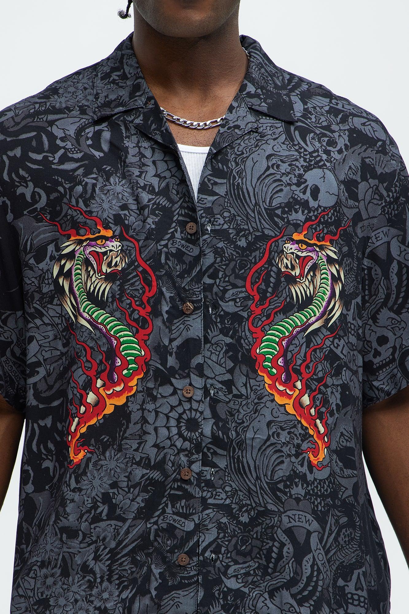 Ed Hardy Regular Fit Cobra Flame Button Up Shirt - Black Product Image