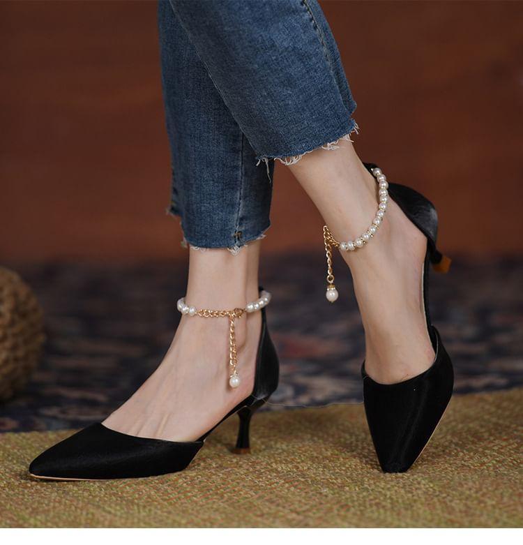 High Heel Pointed Toe Faux Pearl Ankle Strap D'Orsay Pumps Product Image