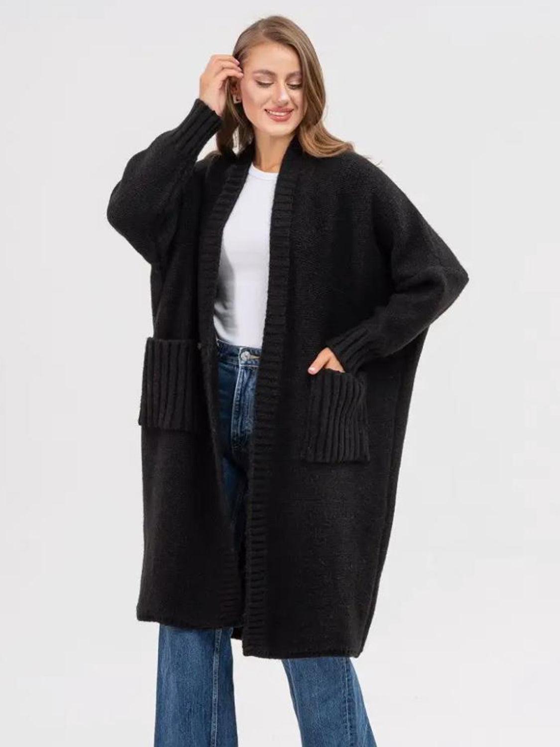 Pocketed Open Front Long Sleeve Longline Cardigan Product Image