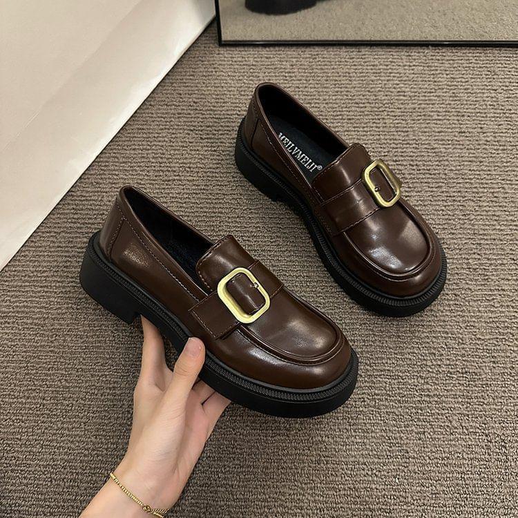 Platform Plain Buckled Faux Leather Loafers Product Image