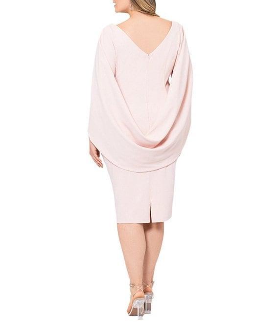 Betsy & Adam Plus Size Round Neck Draped Back 3/4 Sleeve Ruched Front Stretch Sheath Dress Product Image
