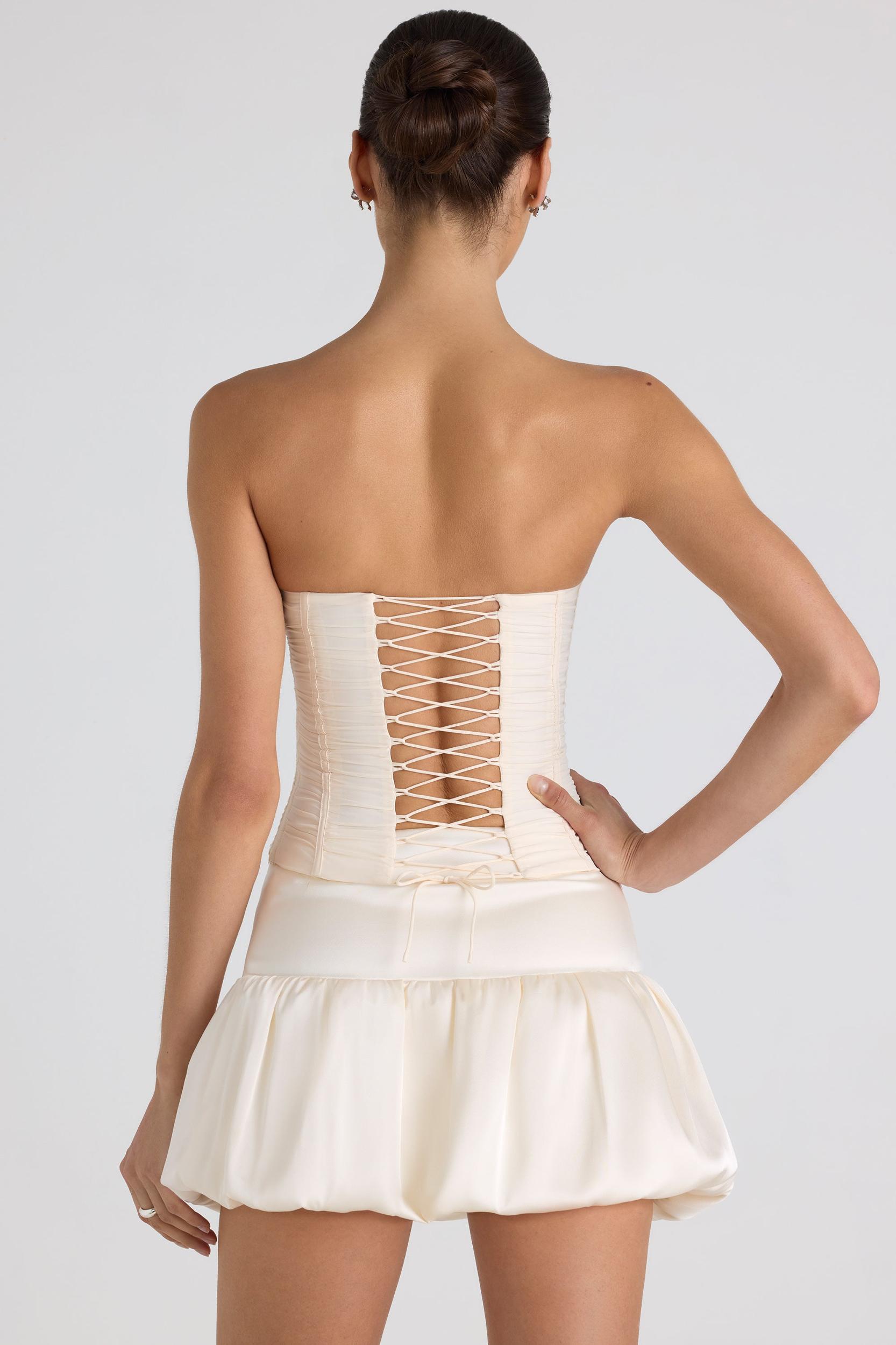 Ruched Lace-Up Strapless Corset Top in Ivory Product Image