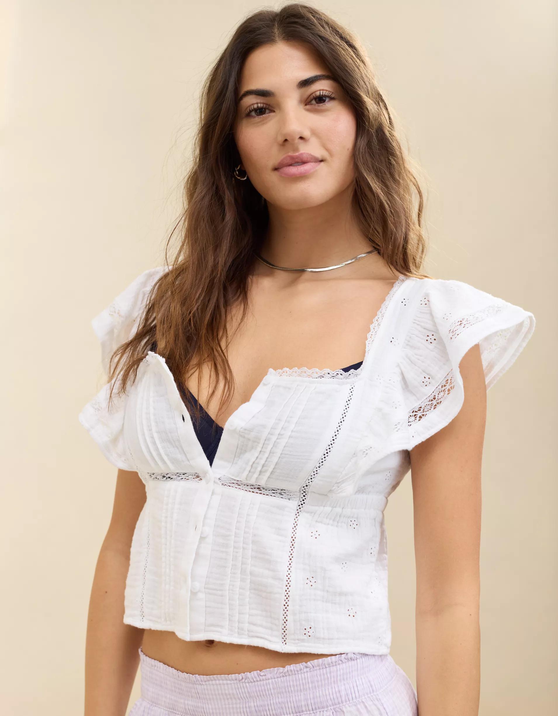 Aerie Button Front Ruffle Sleeve Top Product Image