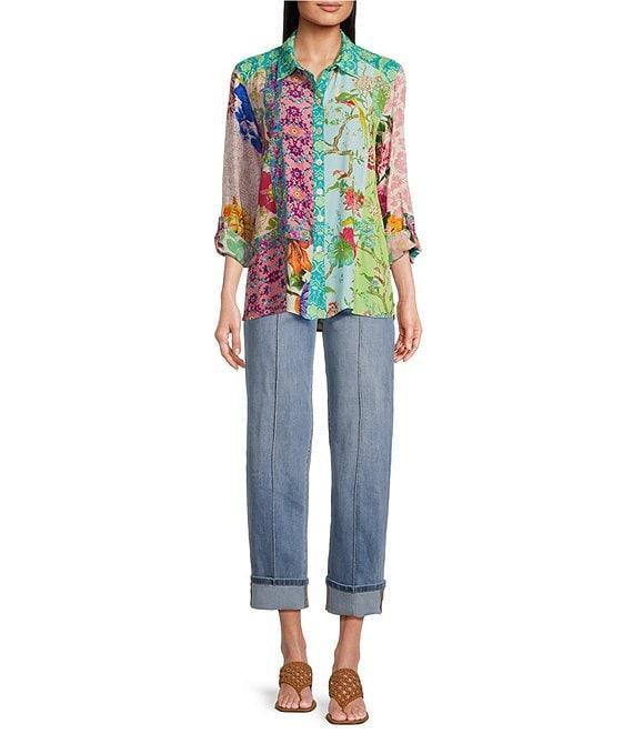 John Mark Petite Size Woven Mixed Floral Point Collar Long Roll-Tab Sleeve Button-Front Blouse Product Image