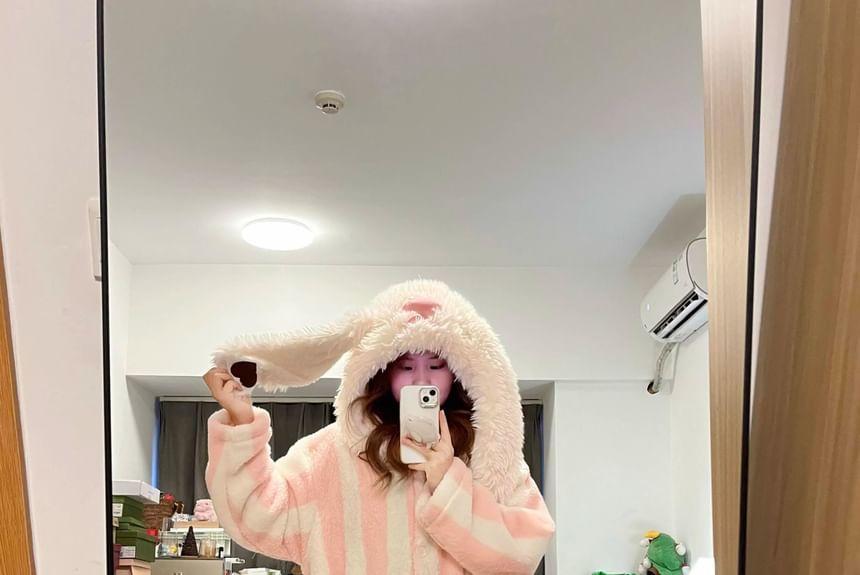 Rabbit Ear Hooded Fleece Striped Pajama Robe Product Image