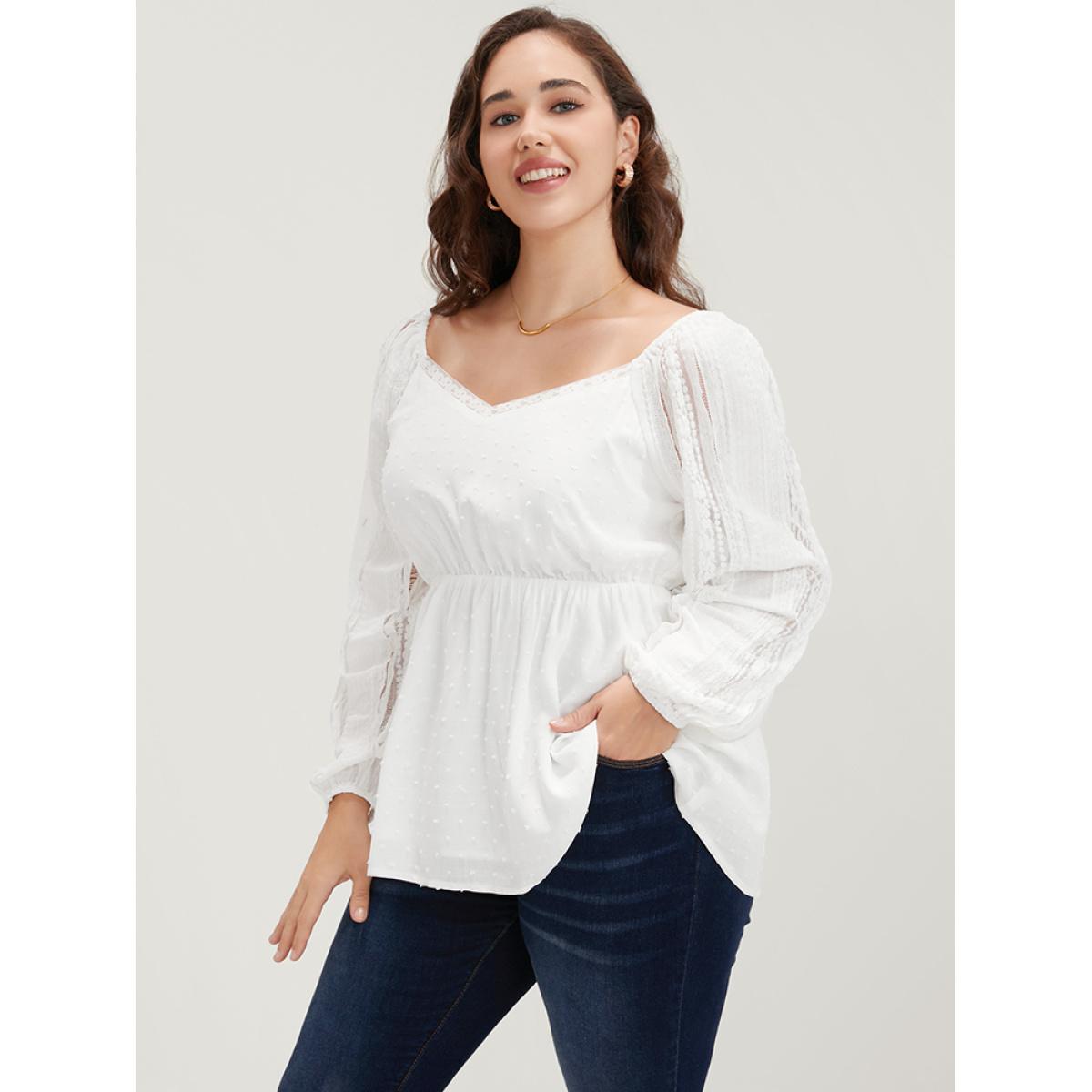 Plus Size WhiteSmoke Solid Lace Patchwork Lantern Sleeve Blouse Women Elegant Long Sleeve V-neck Dailywear Blouses BloomChic 10/M Product Image