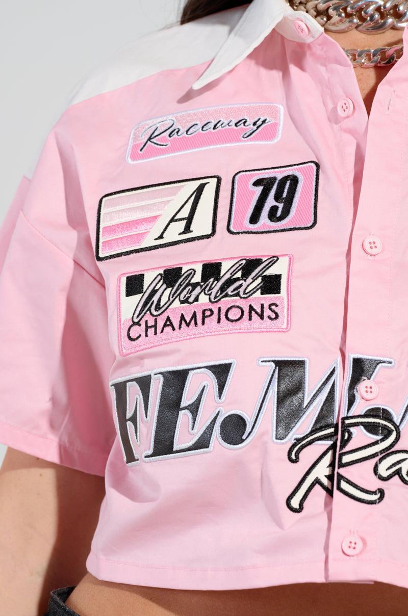 FEMME RACING BUTTON DOWN POPLIN SHIRT IN PINK Product Image