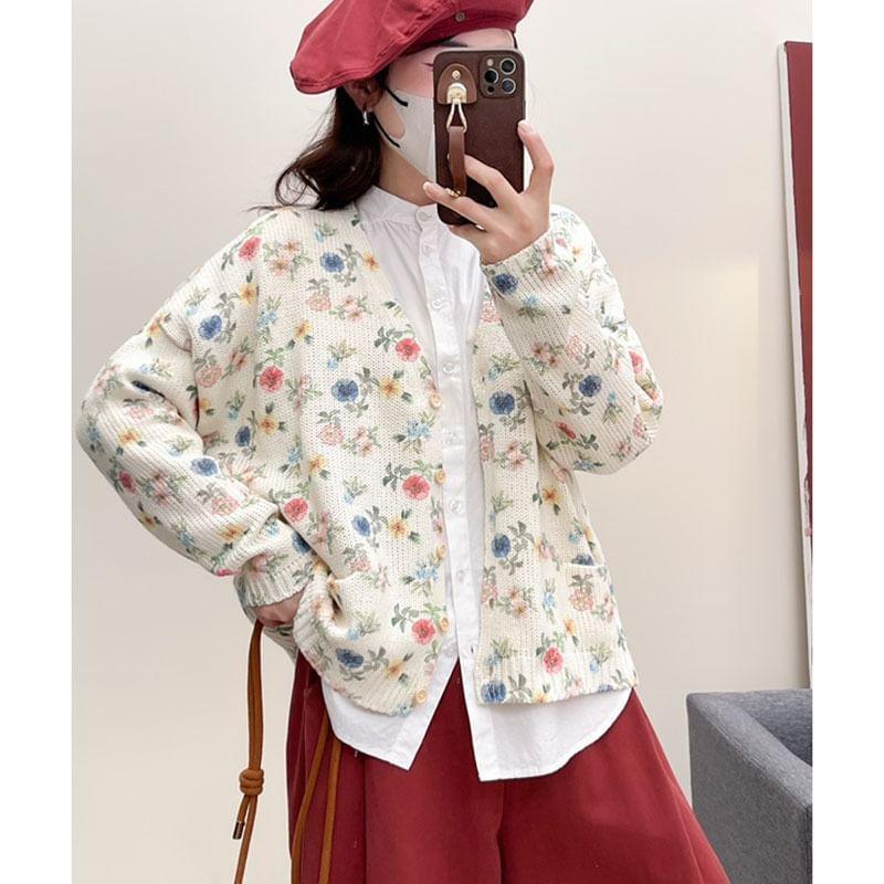 V-Neck Floral Print Button-Up Cardigan Product Image