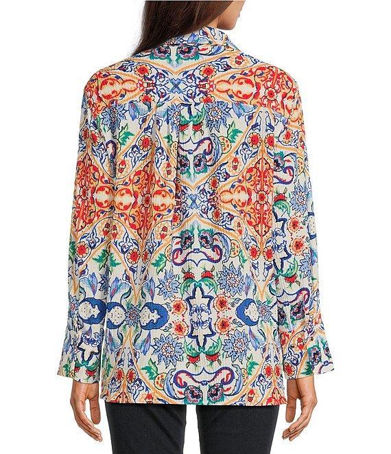 Calessa Florentine Mosaic Printed Textured Crinkle Spread Collar Long Sleeve Button Front Tunic Product Image