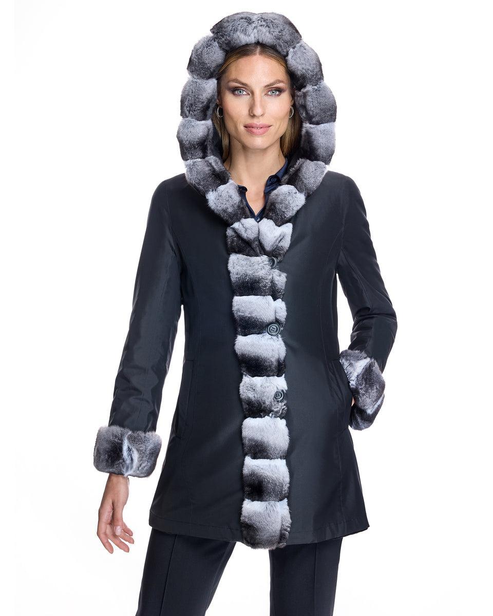 Sheared Mink Reversible Hooded Coat with Chinchilla Trim Product Image