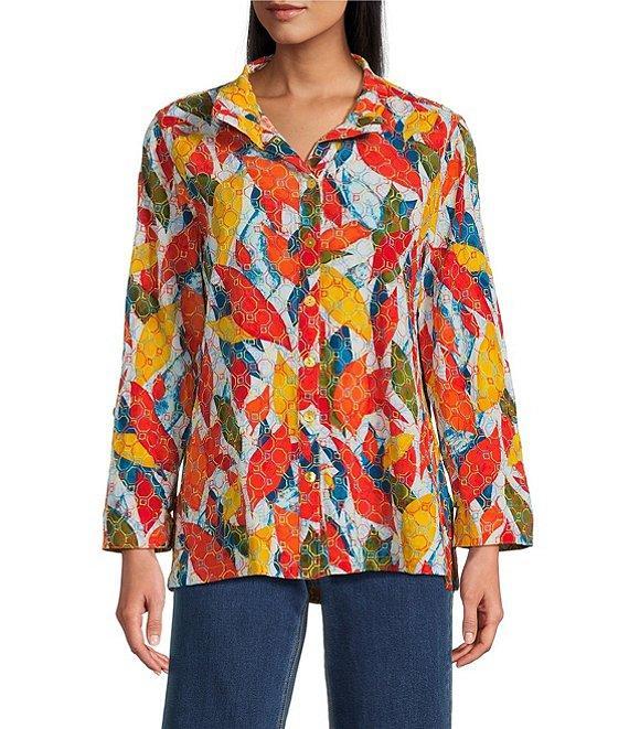 John Mark Petite Size Embroidered Abstract Leaf Print Wire Collar 3/4 Roll-Tab Sleeve Hi-Low Hem Button Front Tunic Product Image